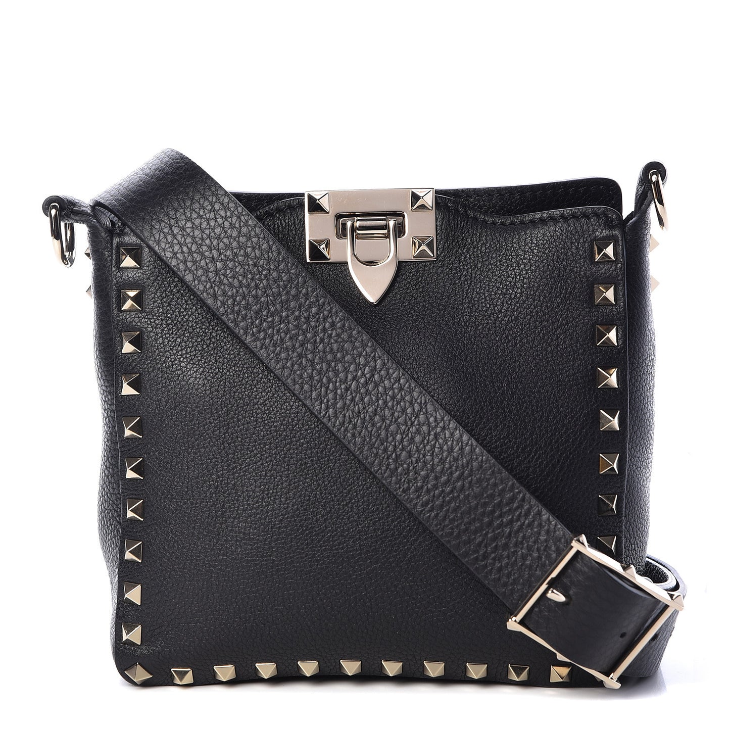 Pebbled Calfskin Mini Rockstud Flip-Lock Messenger Bag Black