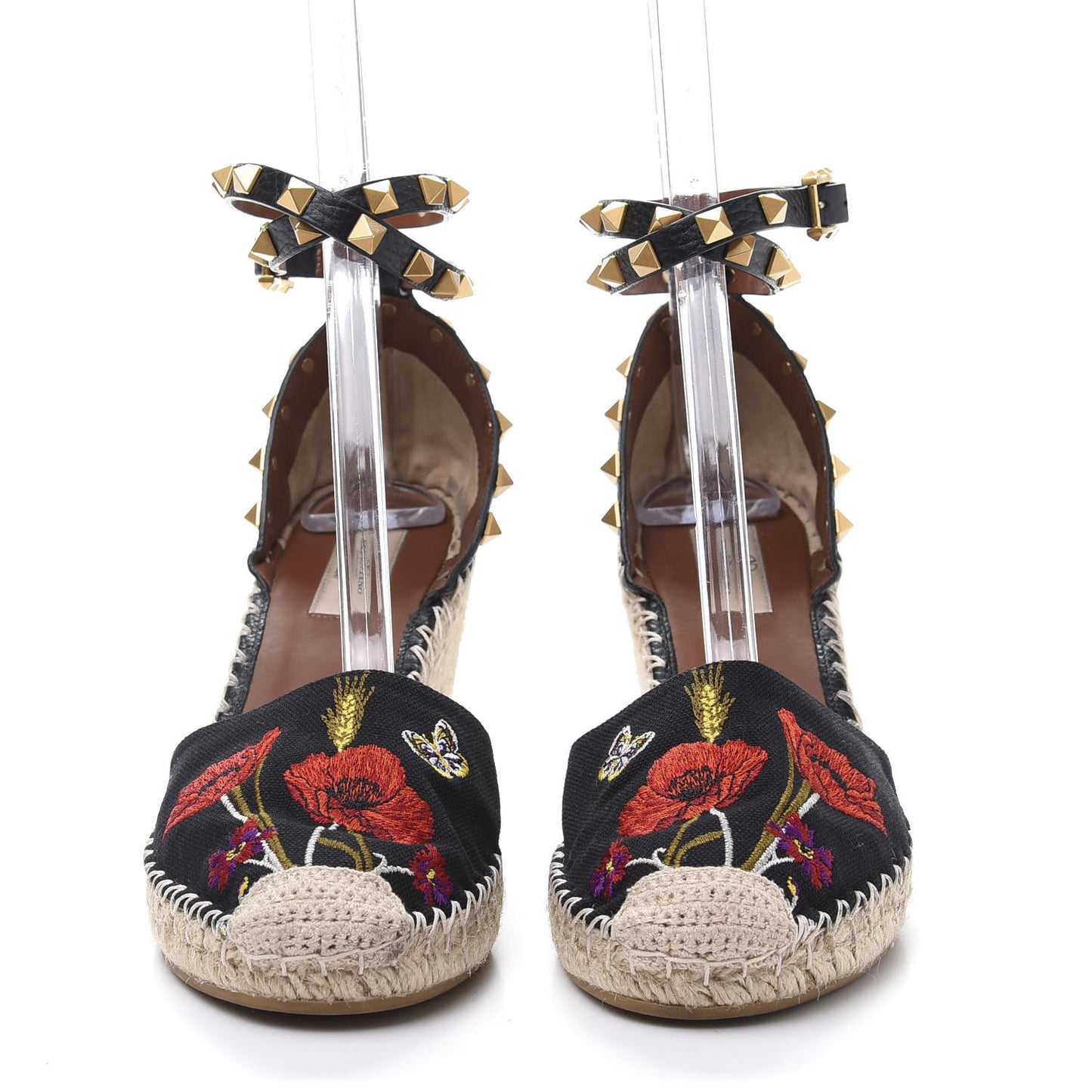 Canvas Poppy Embroidered Rockstud Ankle Wrap Espadrille 15/85mm Wedges 39 Black