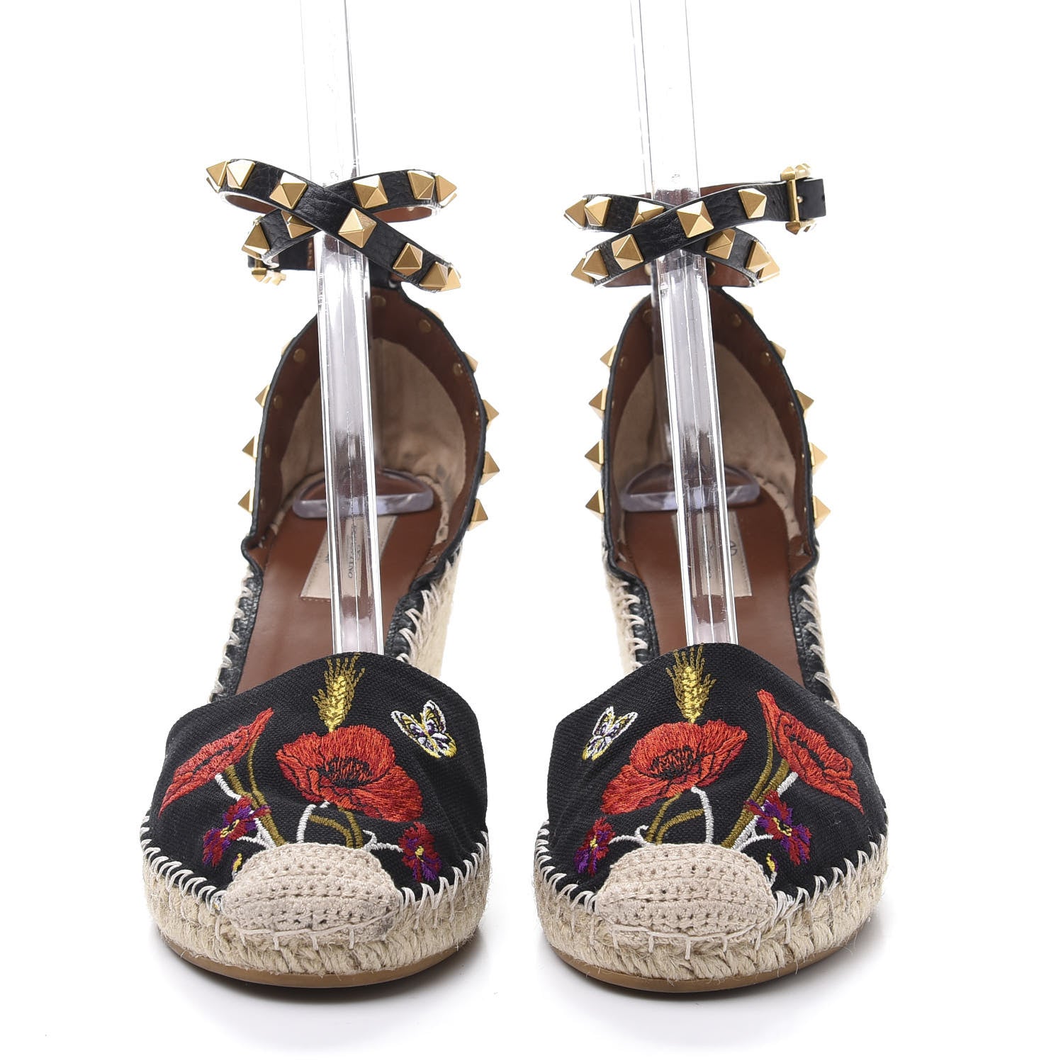 Valentino Garavani Canvas Poppy Embroidered Rockstud Ankle Wrap Espadrille 15/85mm Wedges 39 Black 2 of 9