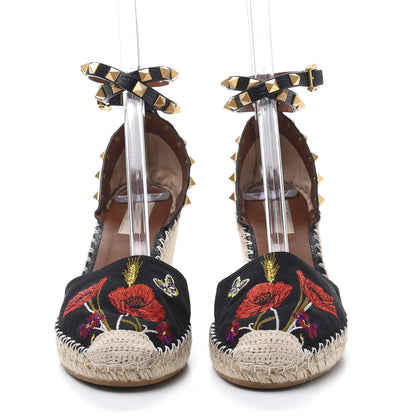 Valentino Garavani Canvas Poppy Embroidered Rockstud Ankle Wrap Espadrille 15/85mm Wedges 39 Black 2 of 9