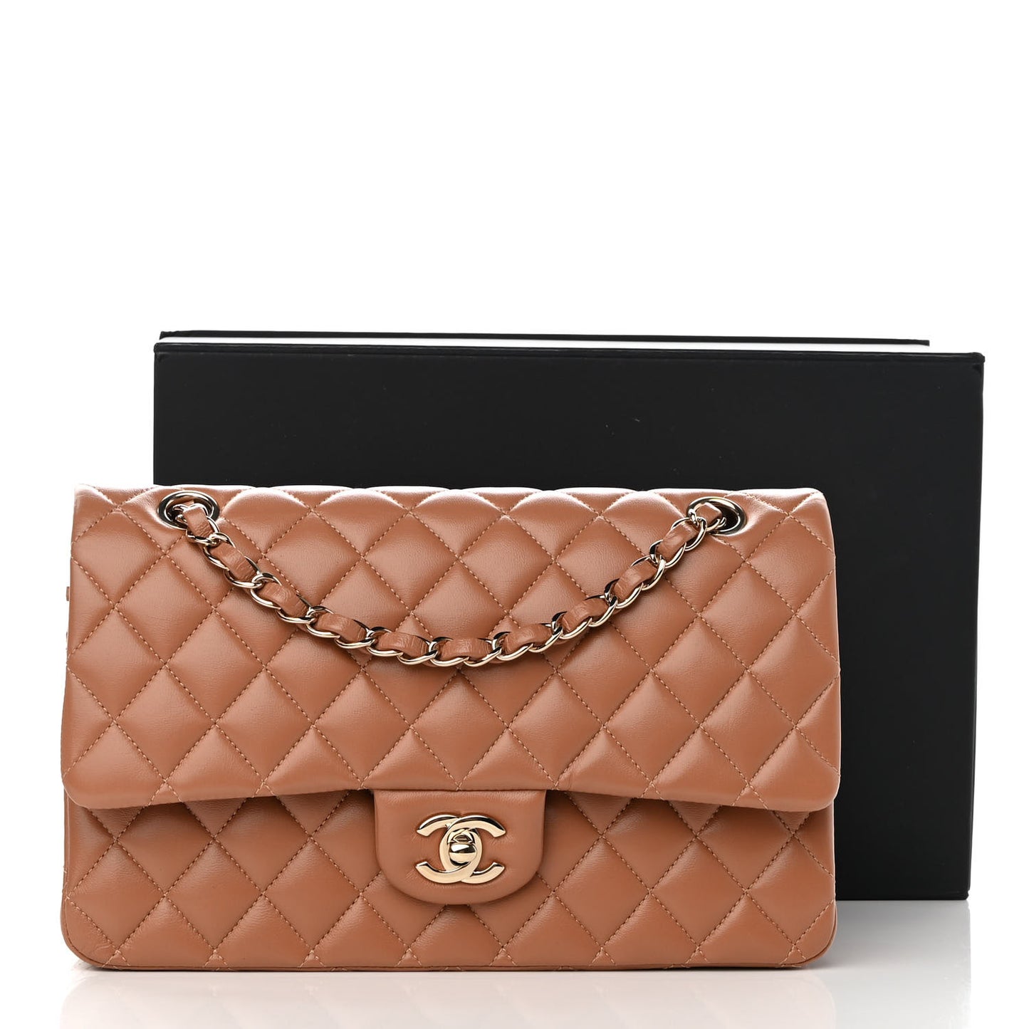 Lambskin Quilted Medium Double Flap Brown
