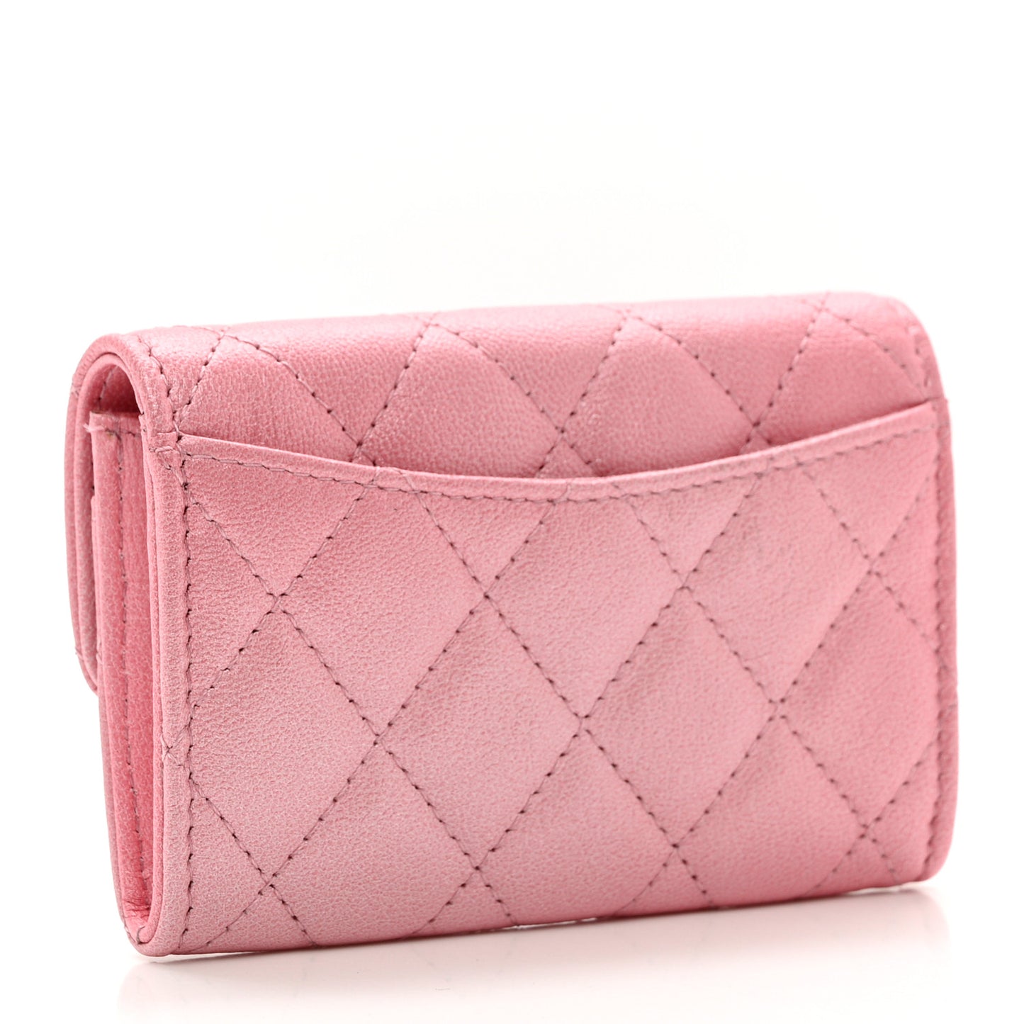 Cloudy Pearly Goatskin Quilted Flap Card Holder Wallet Light Pink