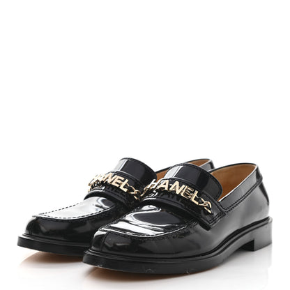 Chanel Shiny Calfskin Logo Loafers 38 Black 3 of 8