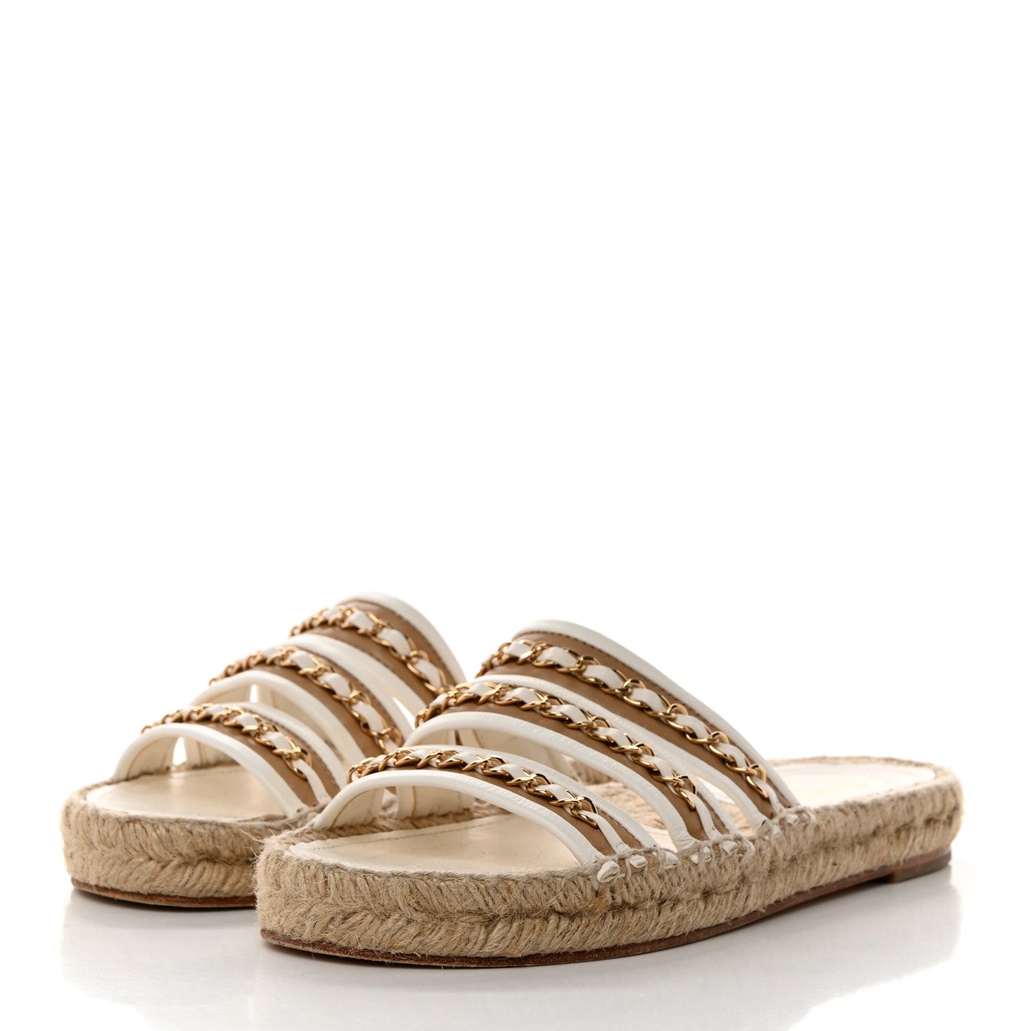 Chanel Lambskin Chain Espadrille Slip On Sandals 38 White 3 of 8