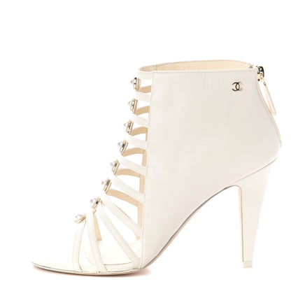 Chanel Lambskin Pearl Open Toe Caged Ankle Boots 39.5 Ivory 1 of 7