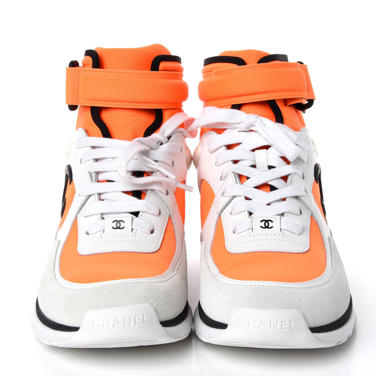 Chanel Suede Calfskin Lambskin Neoprene High Top CC Sneakers 38 White Fluo Orange 2 of 8