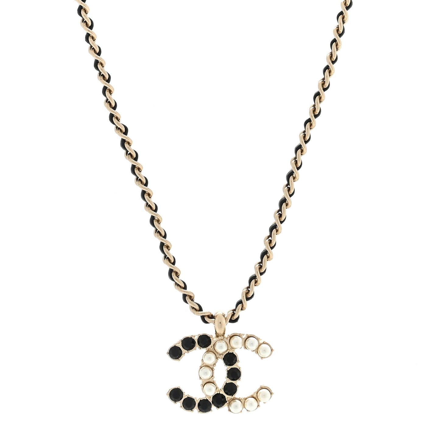 Pearl Crystal Lambskin Chain CC Short Necklace Black Gold