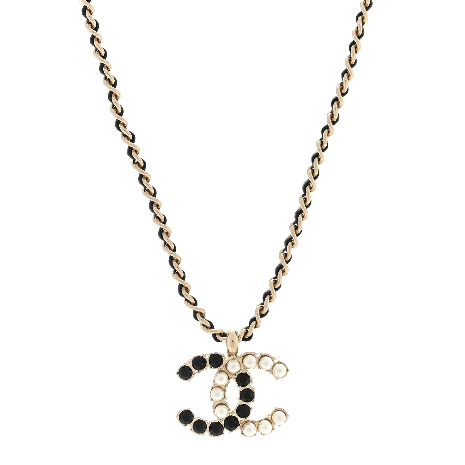 Chanel Pearl Crystal Lambskin Chain CC Short Necklace Black Gold 1 of 3