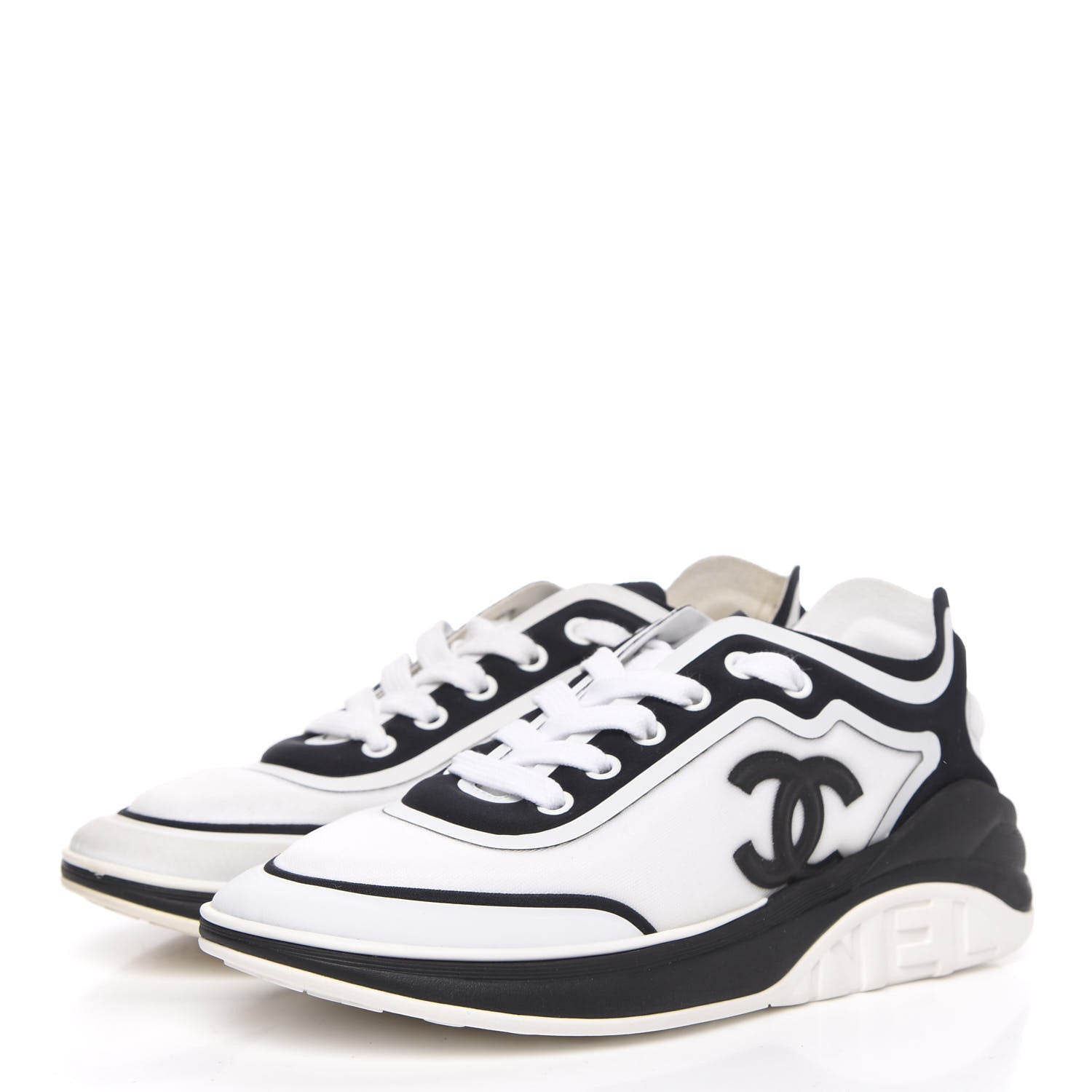 Chanel Lycra Womens CC Sneakers 36.5 White Black 3 of 8