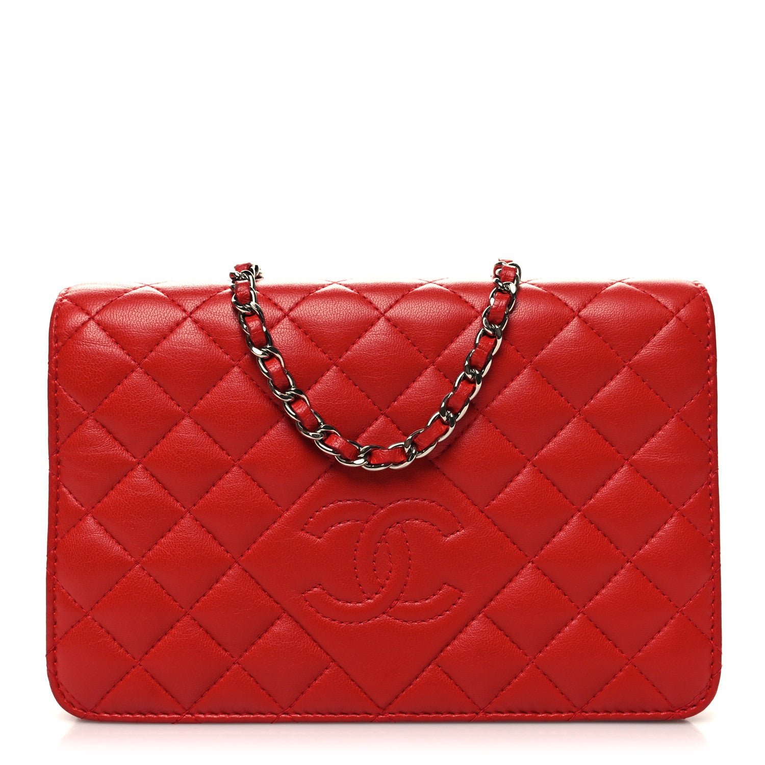 Chanel Lambskin Quilted Diamond CC Wallet On Chain WOC Red 1 of 12