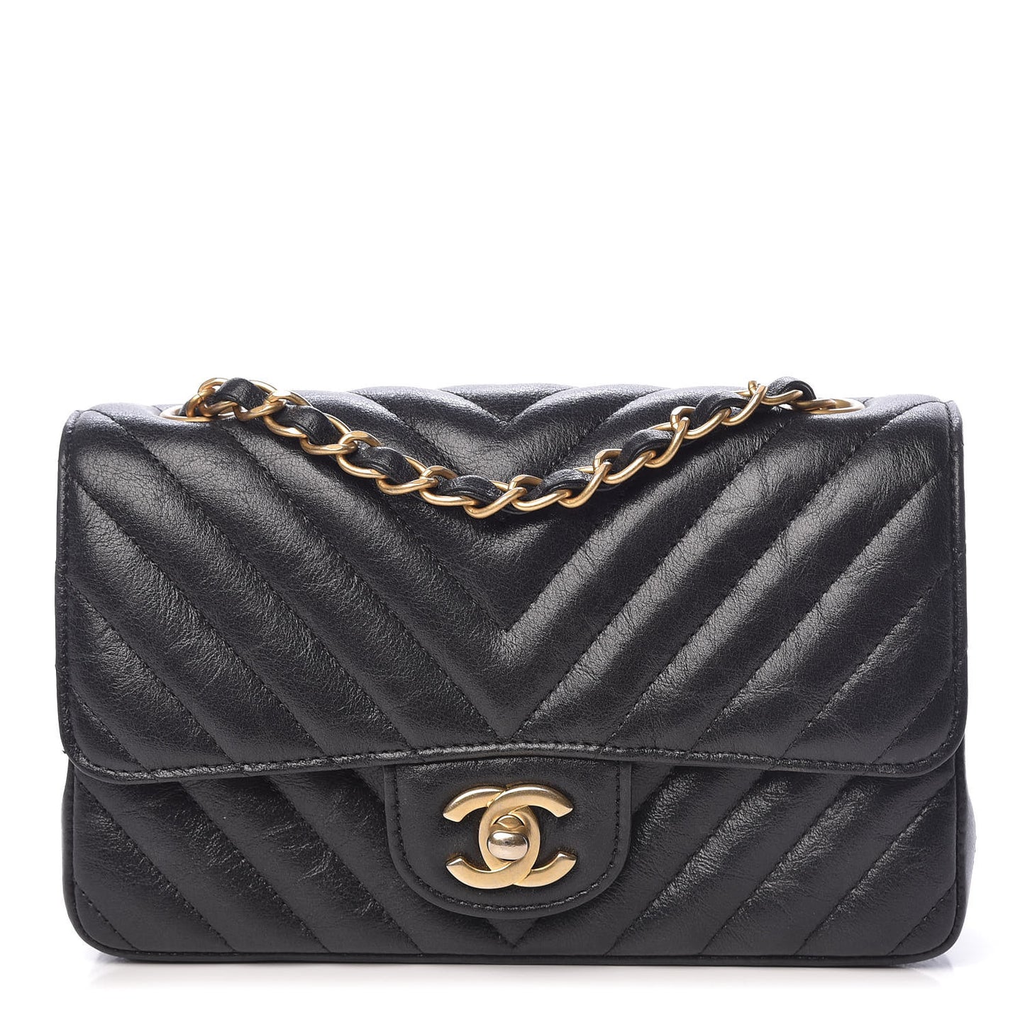 Iridescent Calfskin Chevron Quilted Mini Rectangular Flap Black
