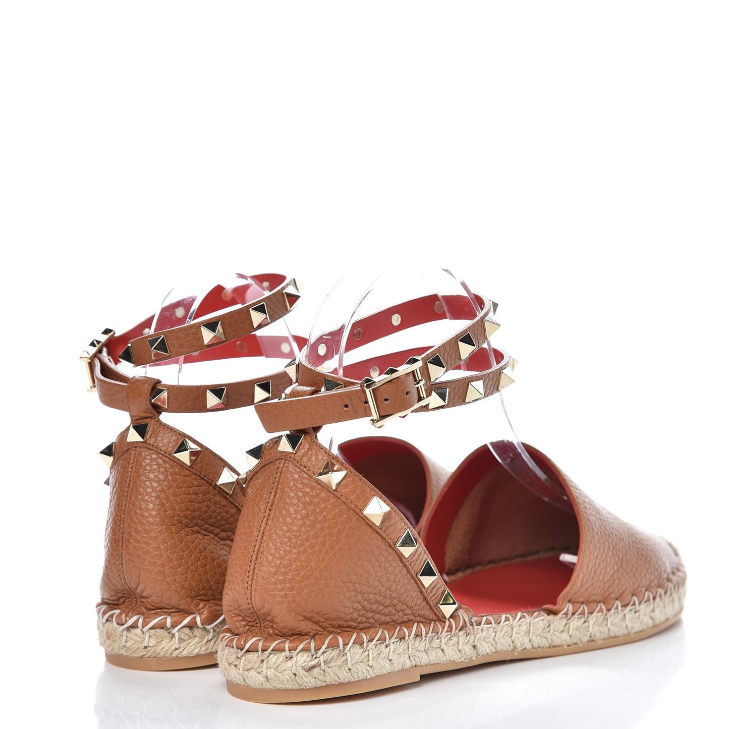 Grained Calfskin Rockstud Ankle Wrap Espadrille 20mm Flats 40 Light Cuir