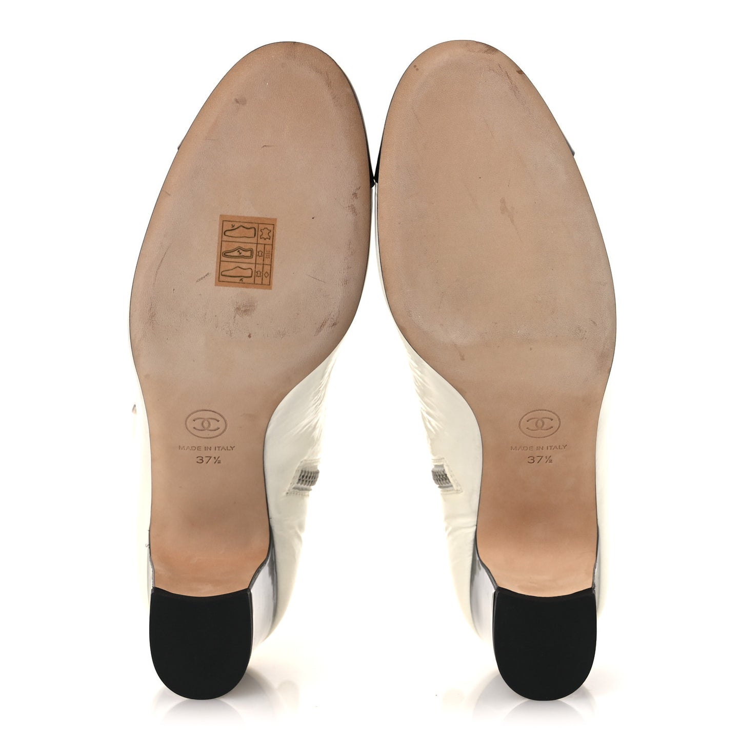 Crumpled Patent Calfskin Cap Toe CC Turnlock Ankle Short Boots 37.5 Ivory Black