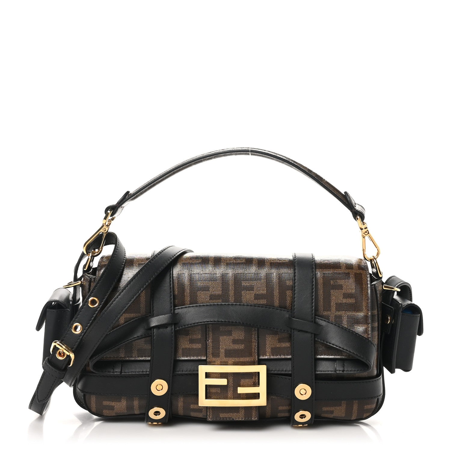 Fendi Glazed Fabric Vitello Century FF 1974 Large Baguette Cage Mogano Panna Black 1 of 10