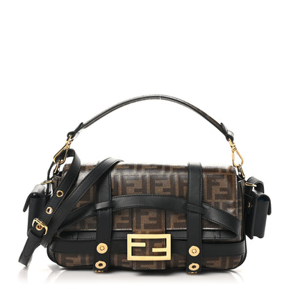 Fendi Glazed Fabric Vitello Century FF 1974 Large Baguette Cage Mogano Panna Black 1 of 10
