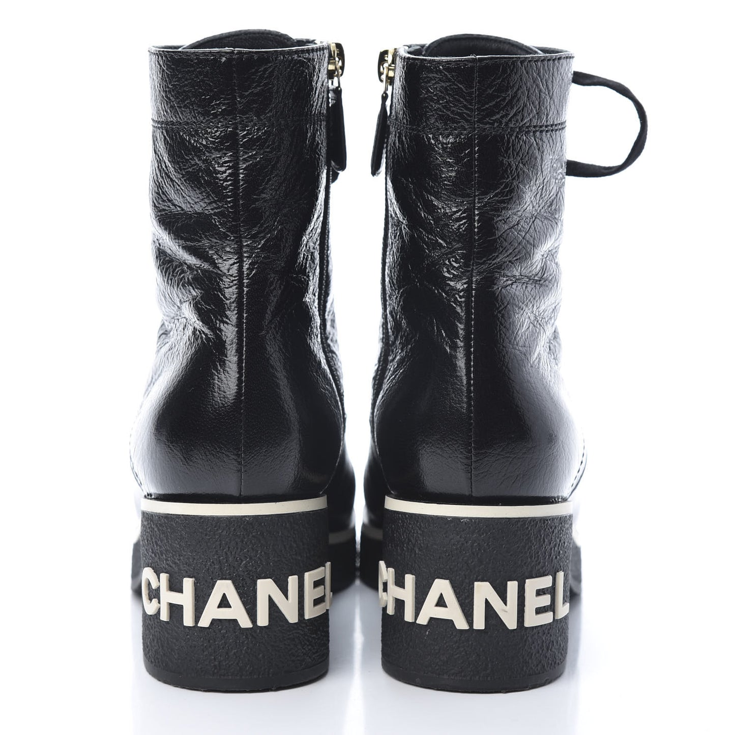 Shiny Crumpled Lambskin Cap Toe CC Lace Up Boots 37 Black