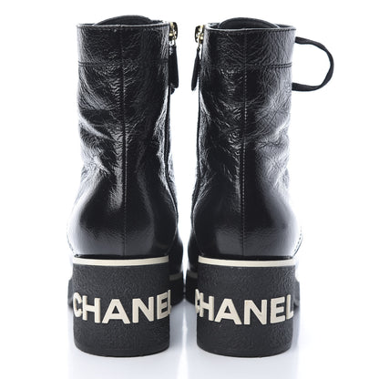 Chanel Shiny Crumpled Lambskin Cap Toe CC Lace Up Boots 37 Black 5 of 9