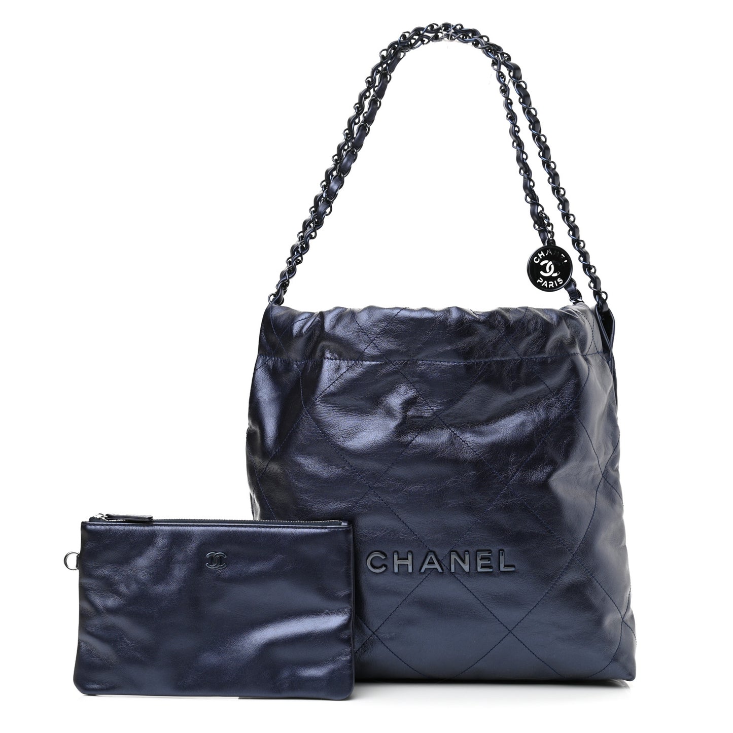 Metallic Calfskin Quilted Small Chanel 22 Navy Blue