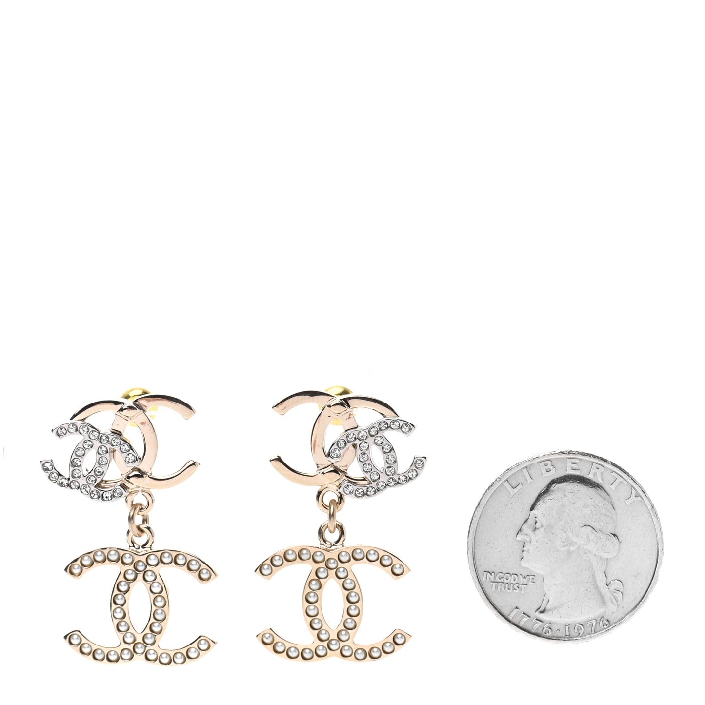 Crystal Pearl Double CC Drop Earrings Gold Silver