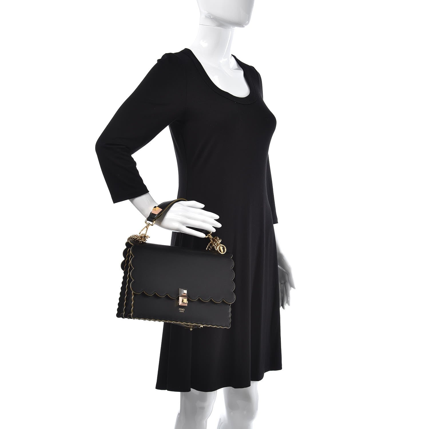 Fendi Vitello Liberty Scalloped Studded Kan I Shoulder Bag Black 2 of 8