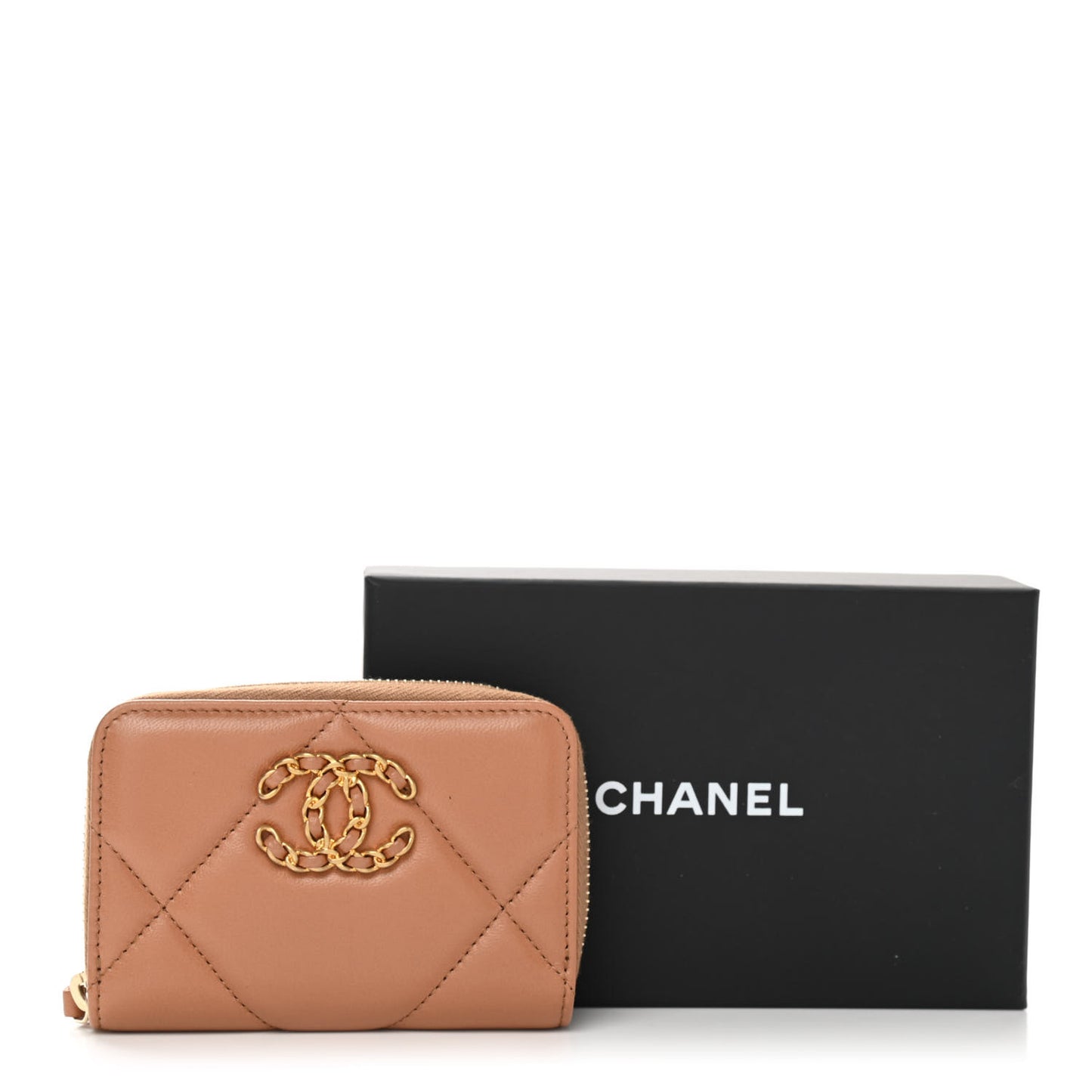 Lambskin Quilted Chanel 19 Zip Around Coin Purse Wallet Brown
