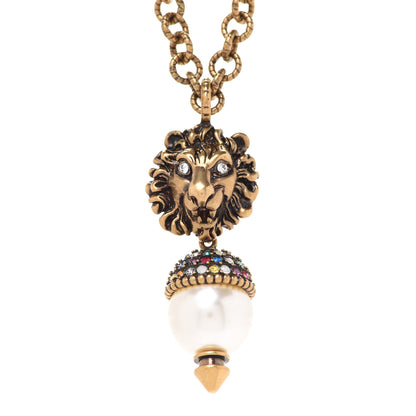 Gucci Metal Crystal Pearl Lion Head Necklace Aged Gold 4 of 7