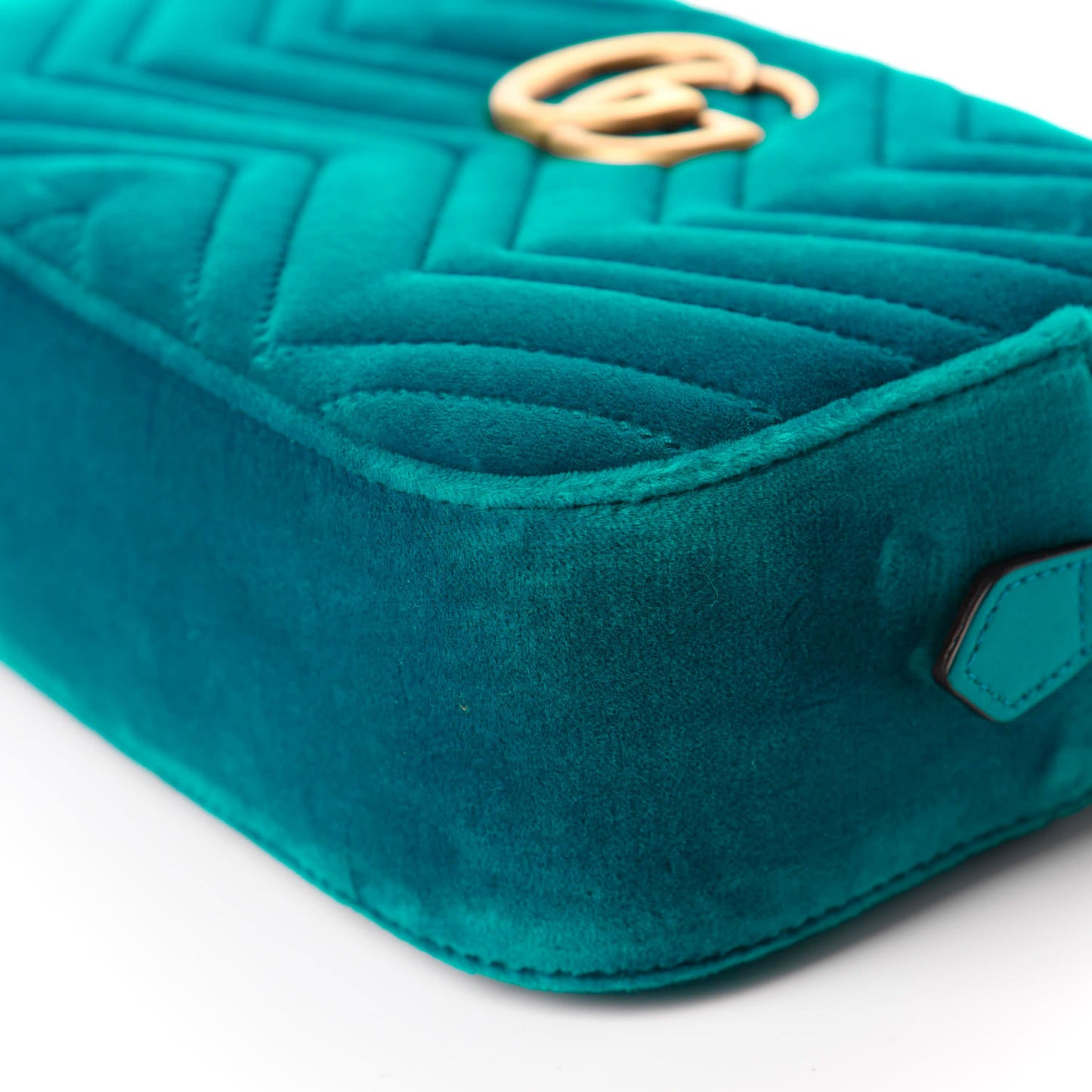 Velvet Matelasse Small GG Marmont Chain Shoulder Bag Pavone Cyan