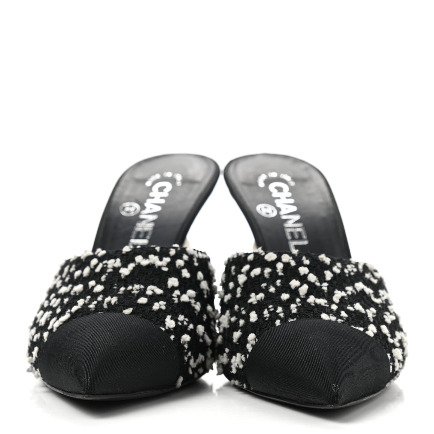 Tweed Grosgrain Pearl Mules 38 Black White