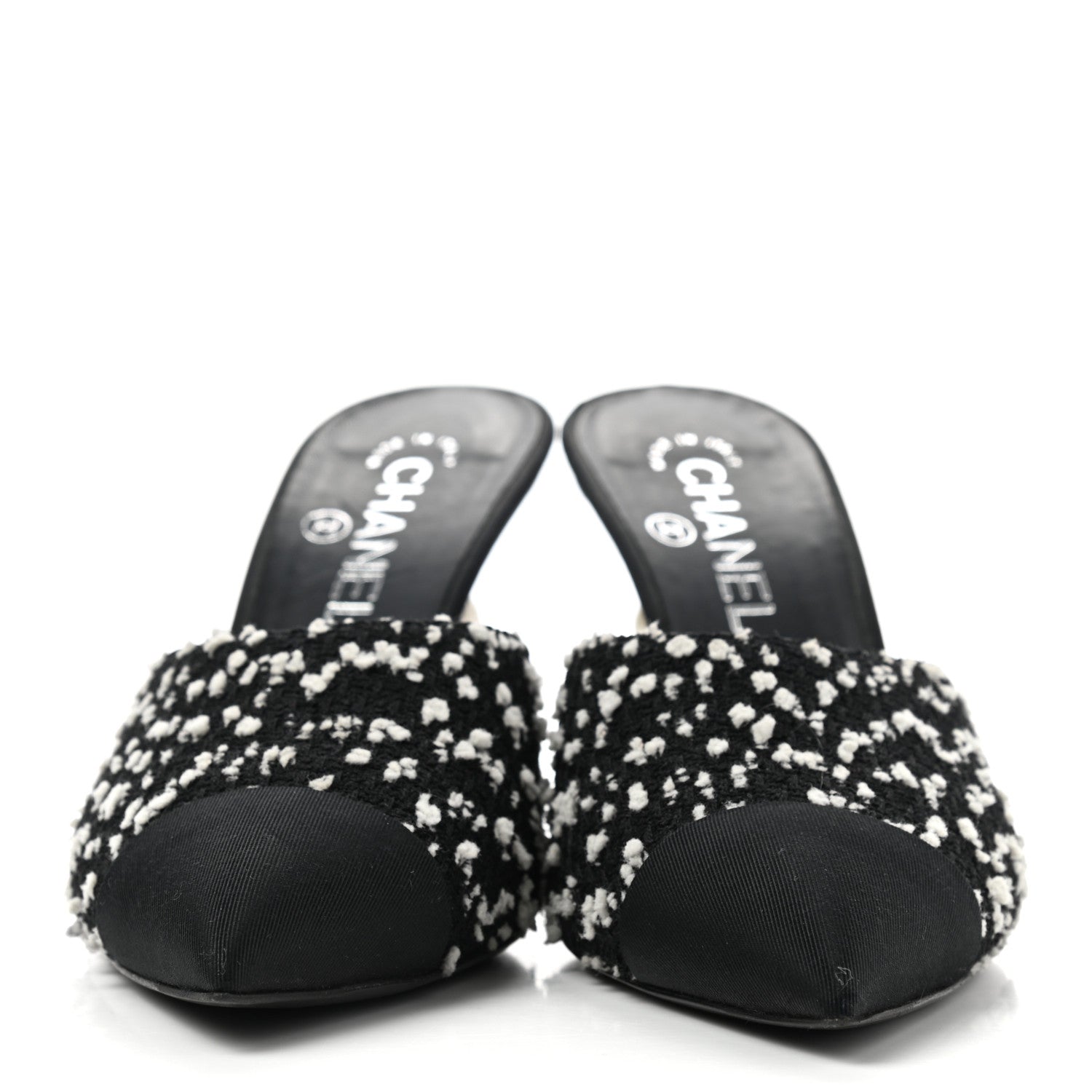 Chanel Tweed Grosgrain Pearl Mules 38 Black White 2 of 8