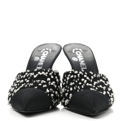 Chanel Tweed Grosgrain Pearl Mules 38 Black White 2 of 8
