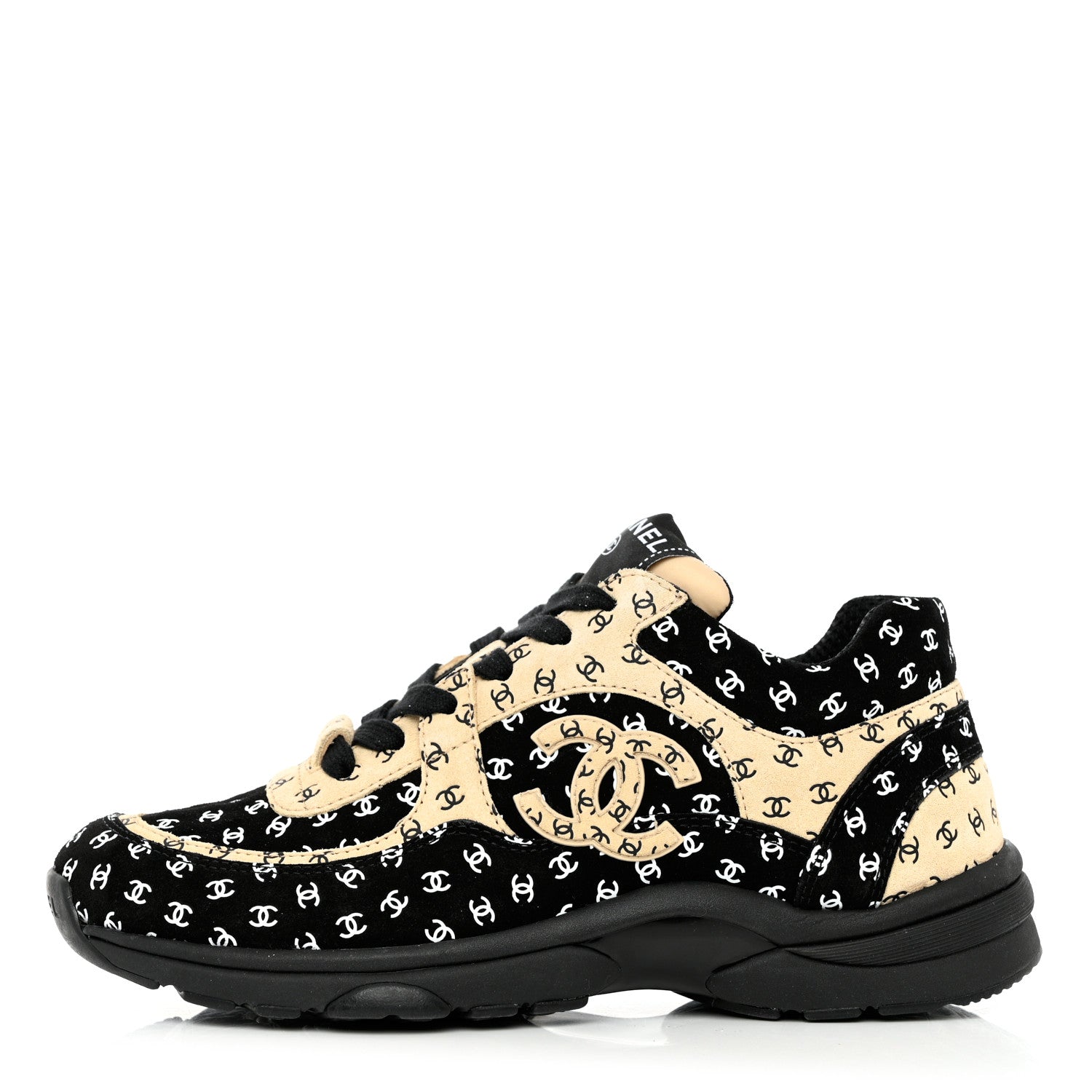 Chanel Nylon Suede Calfskin Printed CC Sneakers 37 Black Beige 1 of 9