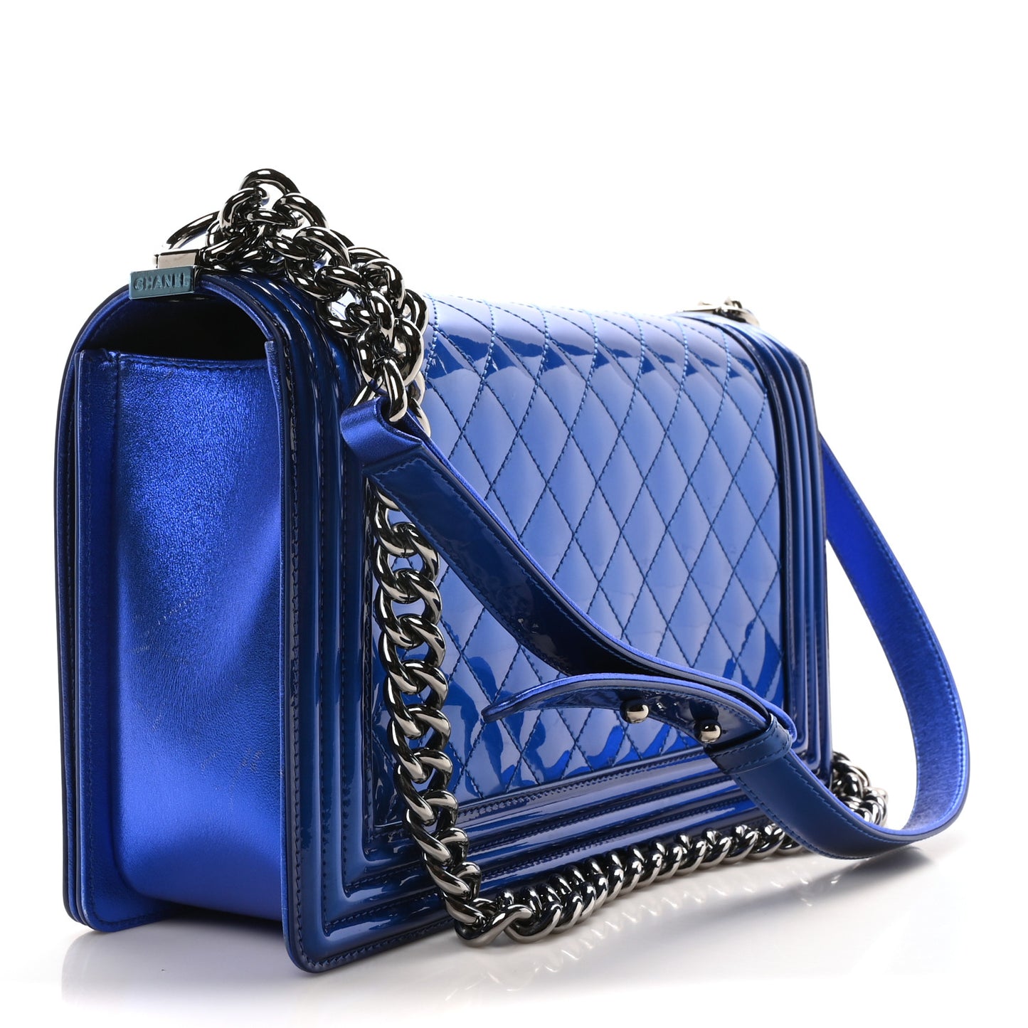 Metallic Patent Quilted New Medium Boy Flap Blue