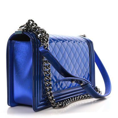 Chanel Metallic Patent Quilted New Medium Boy Flap Blue 3 of 10