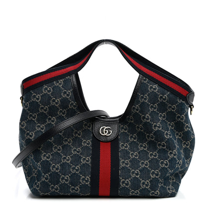 Gucci Denim GG Monogram Web Small Giglio Tote Blue White 1 of 10