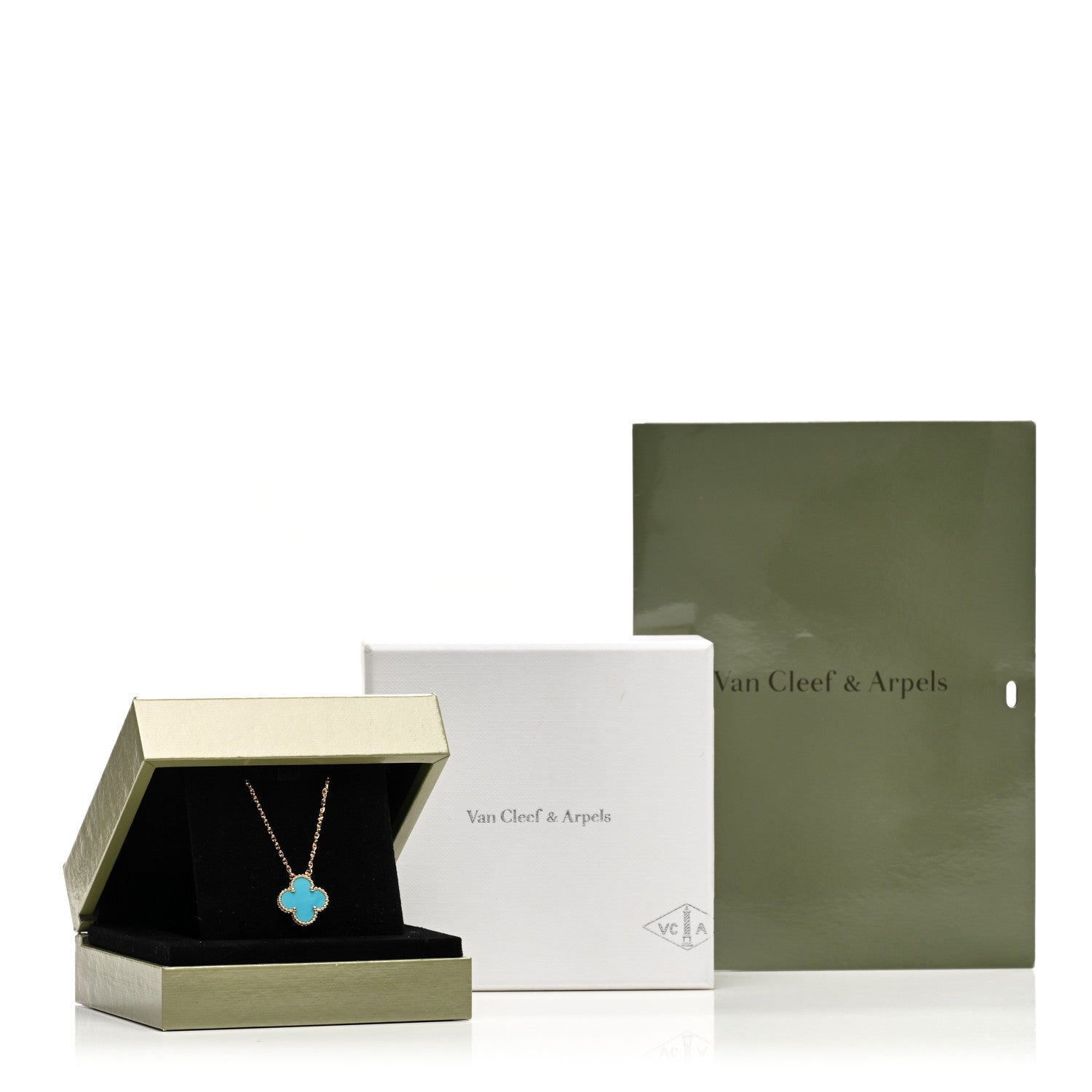 Van Cleef & Arpels 18K Yellow Gold Turquoise Vintage Alhambra Pendant Necklace 6 of 6