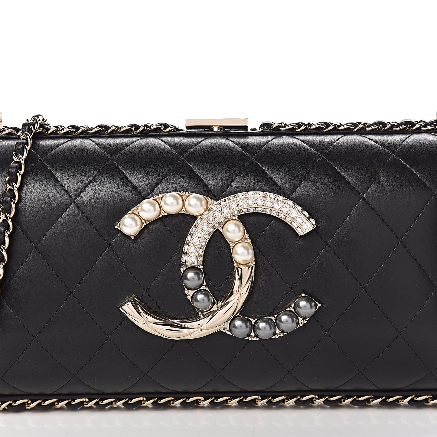 Lambskin Quilted Pearl Crystal Chain Around Clutch Black
