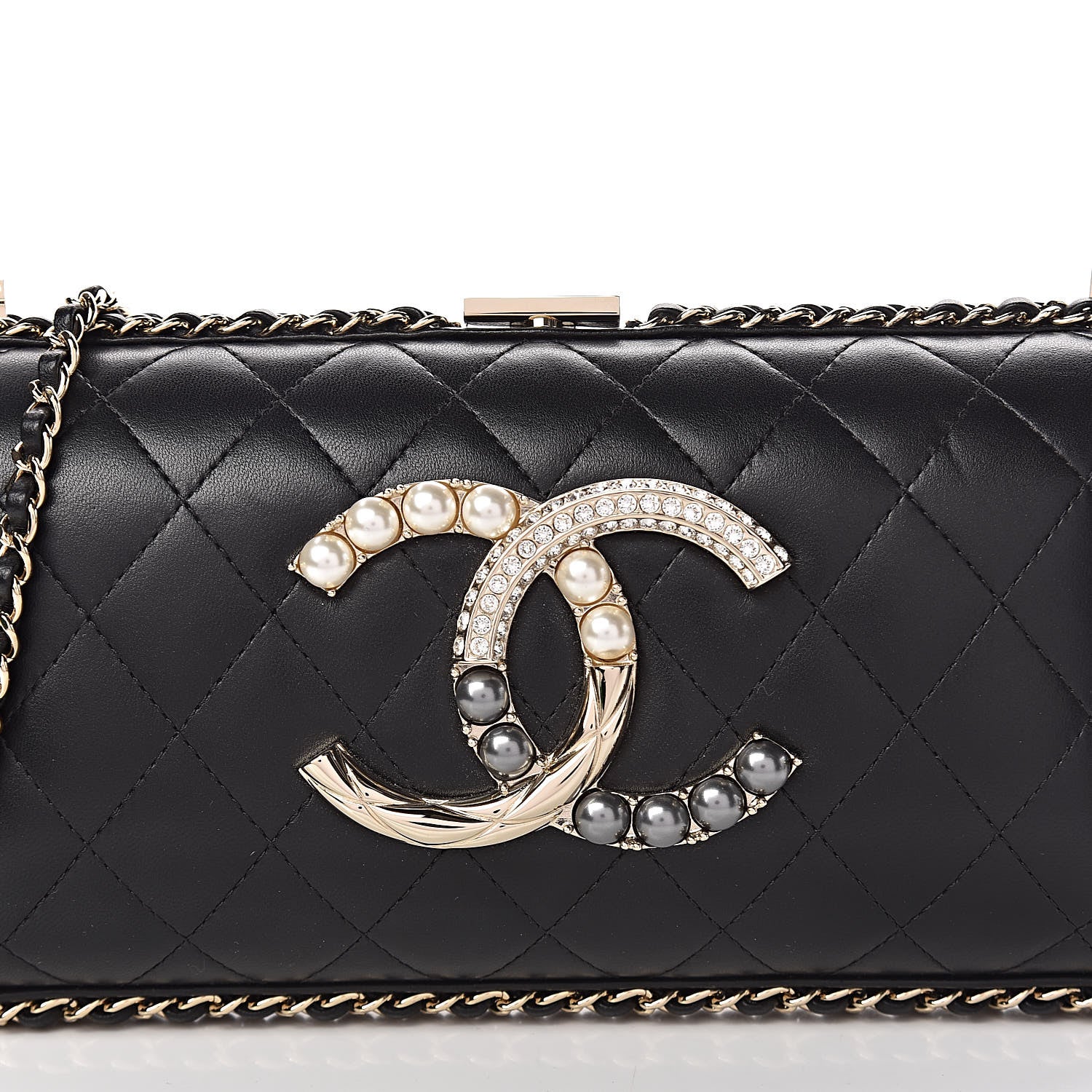 Chanel Lambskin Quilted Pearl Crystal Chain Around Clutch Black 10 of 10