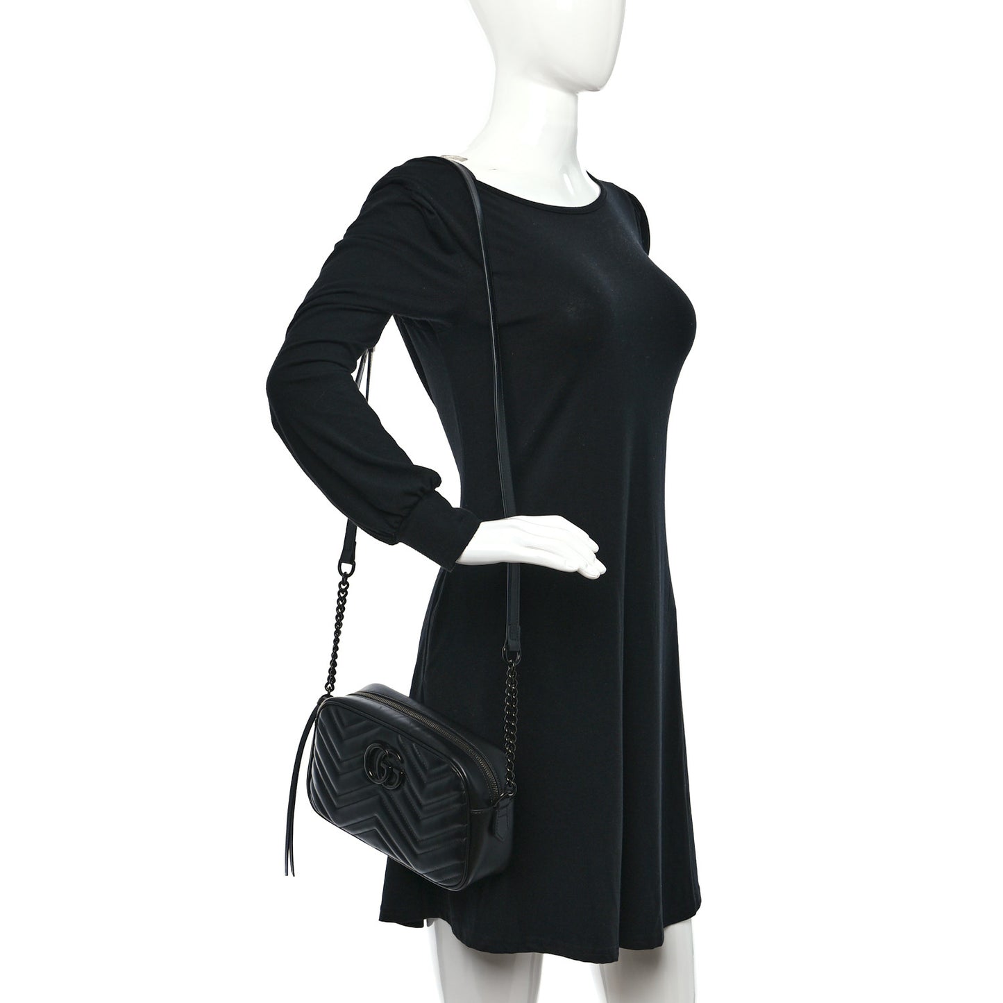 Calfskin Matelasse Monochrome Small GG Marmont Chain Shoulder Bag Black
