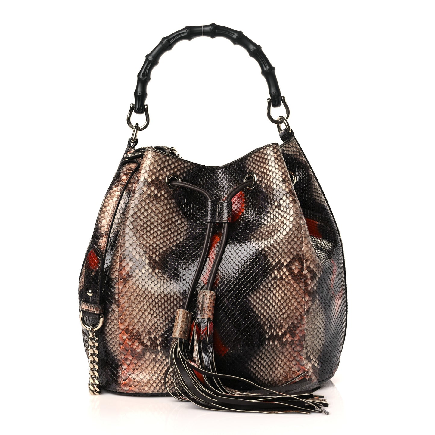 Snakeskin Miss Bamboo Medium Bucket Bag Black