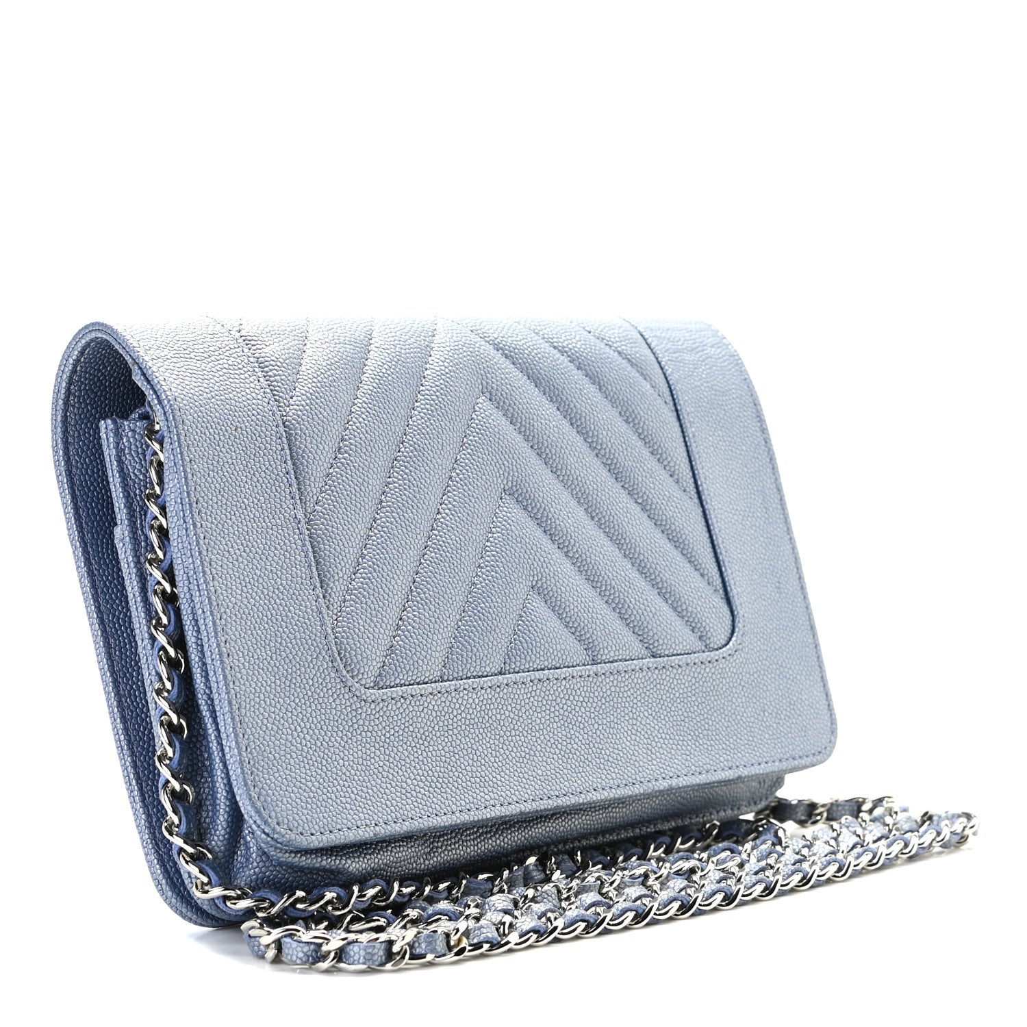 Chanel Metallic Caviar Chevron Quilted Vintage Mademoiselle Wallet On Chain WOC Blue 2 of 6