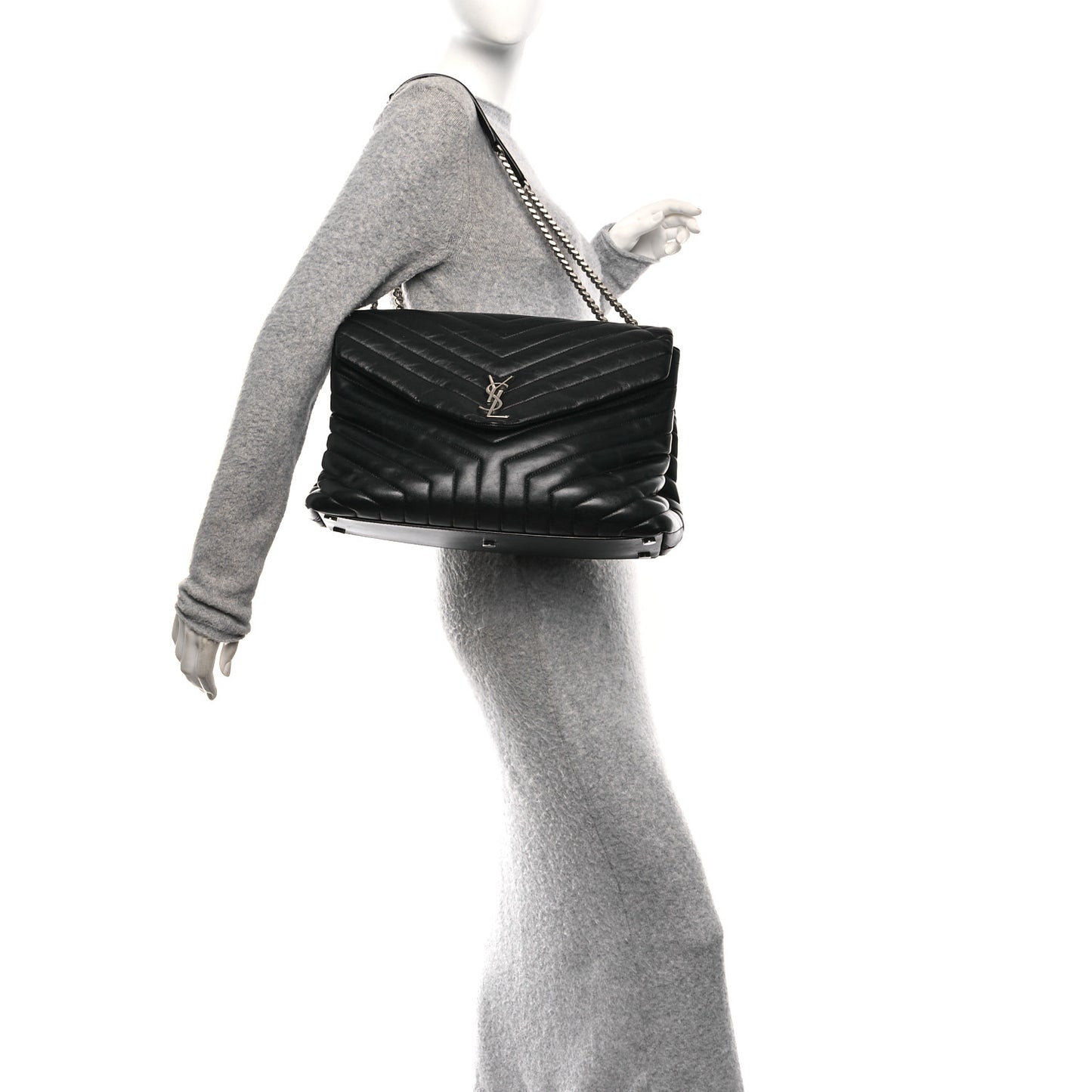 Calfskin Y Quilted Monogram Large Loulou Chain Satchel Black