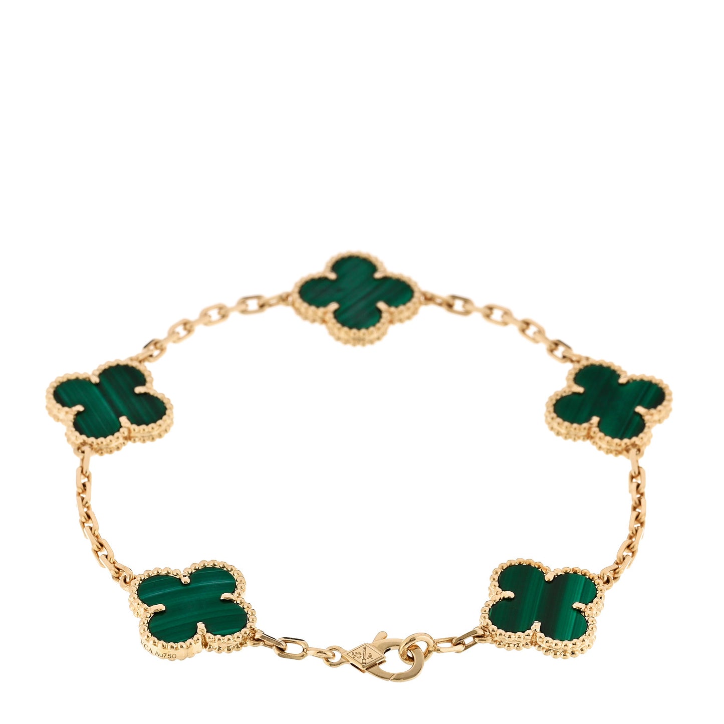 18K Yellow Gold Malachite 5 Motifs Vintage Alhambra Bracelet