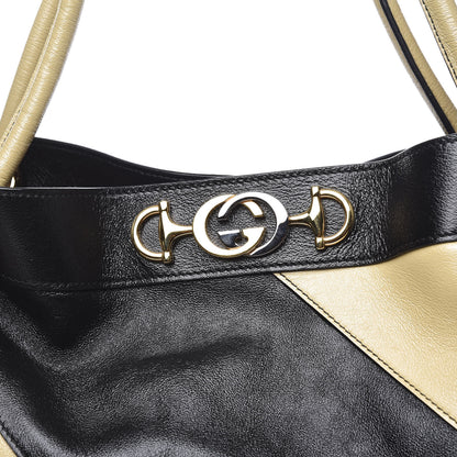 Gucci Smooth Calfskin Diagonal Striped Zumi Tote Black Beige 12 of 13
