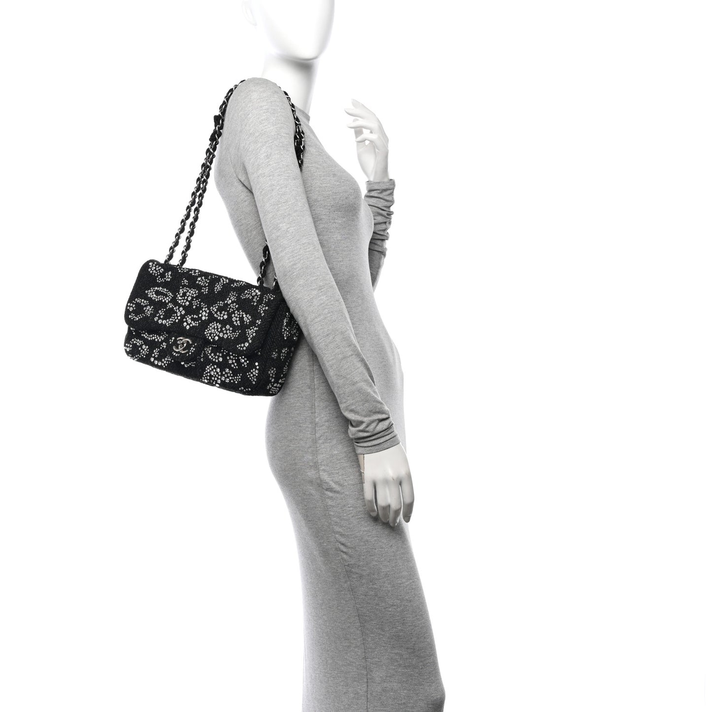 Tweed Swarovski Crystal Leopard Jumbo Flap  Black