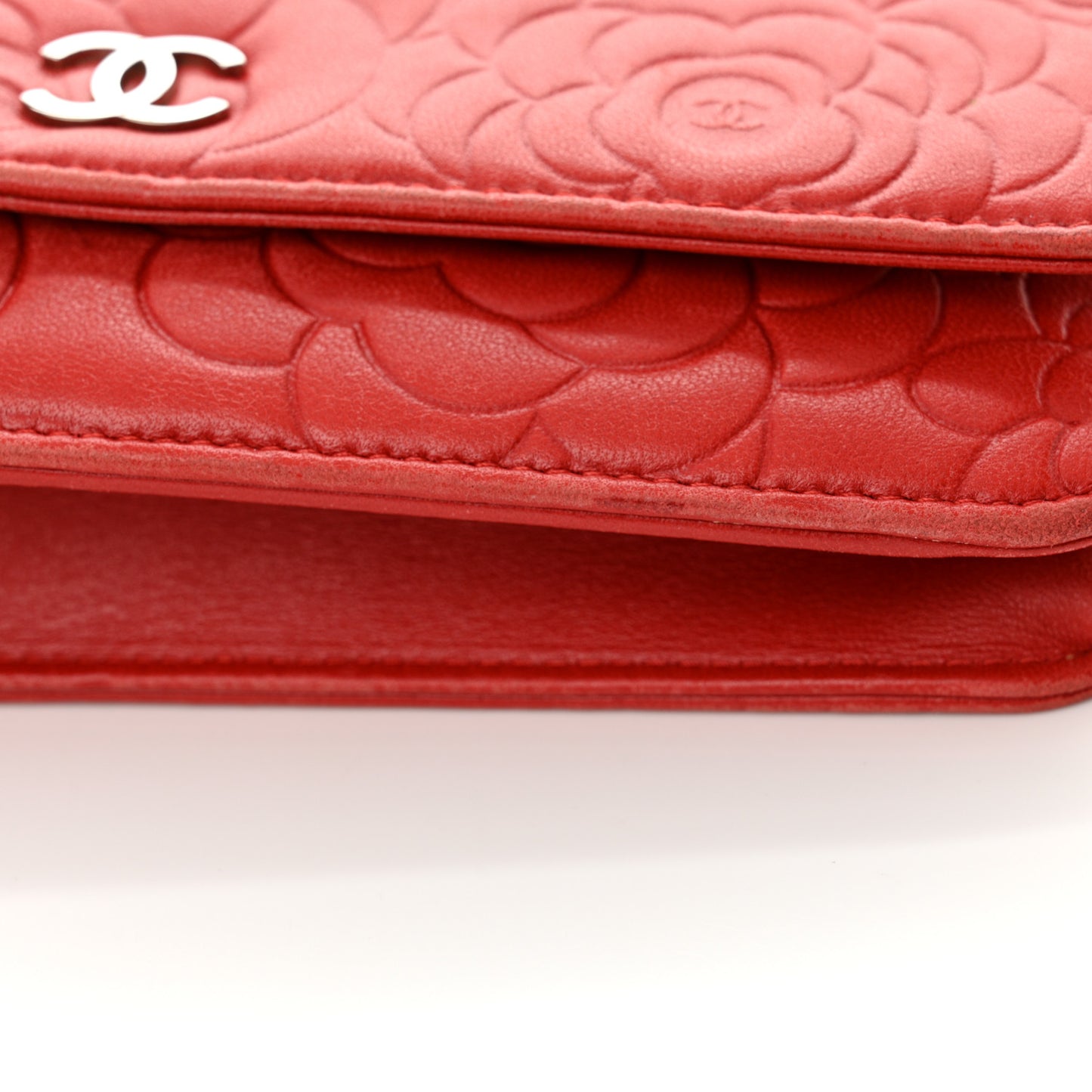 Lambskin Camellia Embossed Wallet on Chain WOC Red