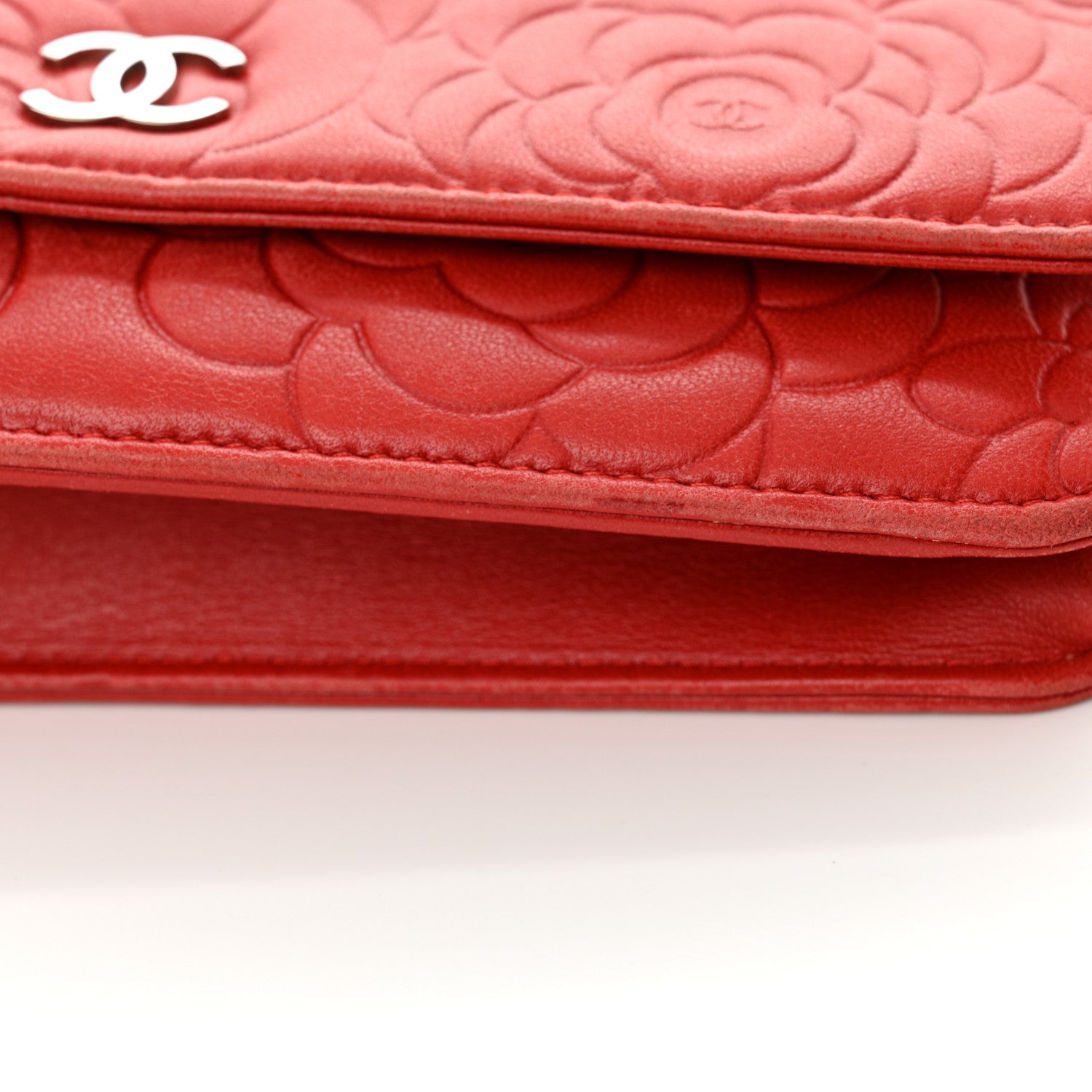 Chanel Lambskin Camellia Embossed Wallet on Chain WOC Red 18 of 20