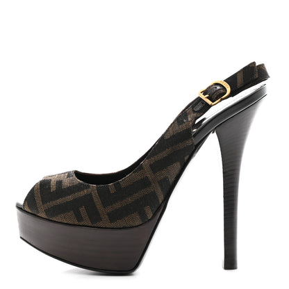 Fendi Zucca Slingback Platform Peep Toe Pumps 37.5 Tobacco Black 1 of 8