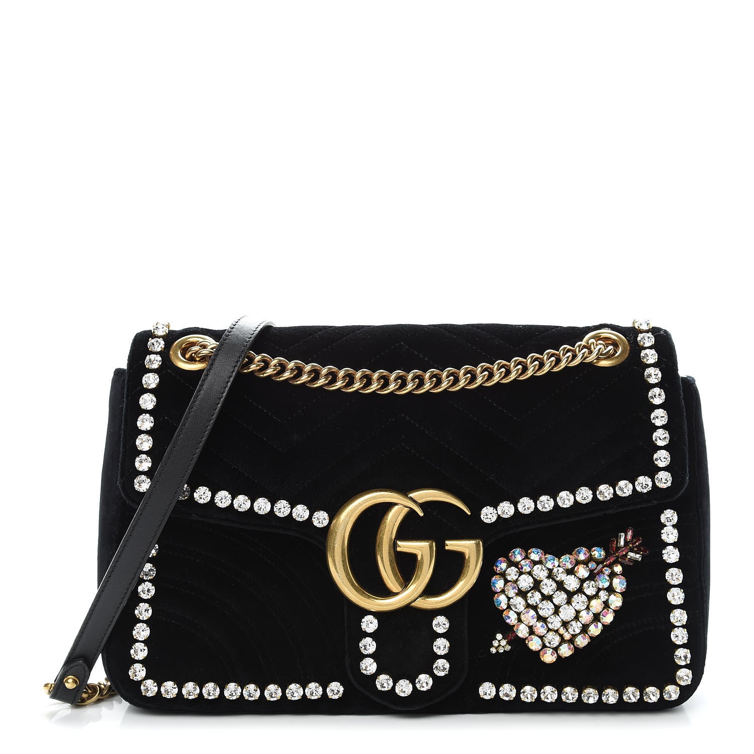 Gucci Velvet Matelasse Crystal Medium GG Marmont Shoulder Bag Black 1 of 21