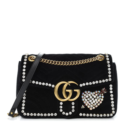 Gucci Velvet Matelasse Crystal Medium GG Marmont Shoulder Bag Black 1 of 21