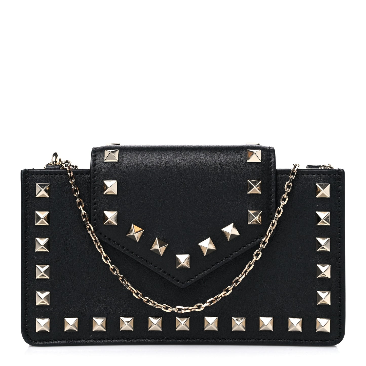 Calfskin Rockstud Phone Case With Chain Black